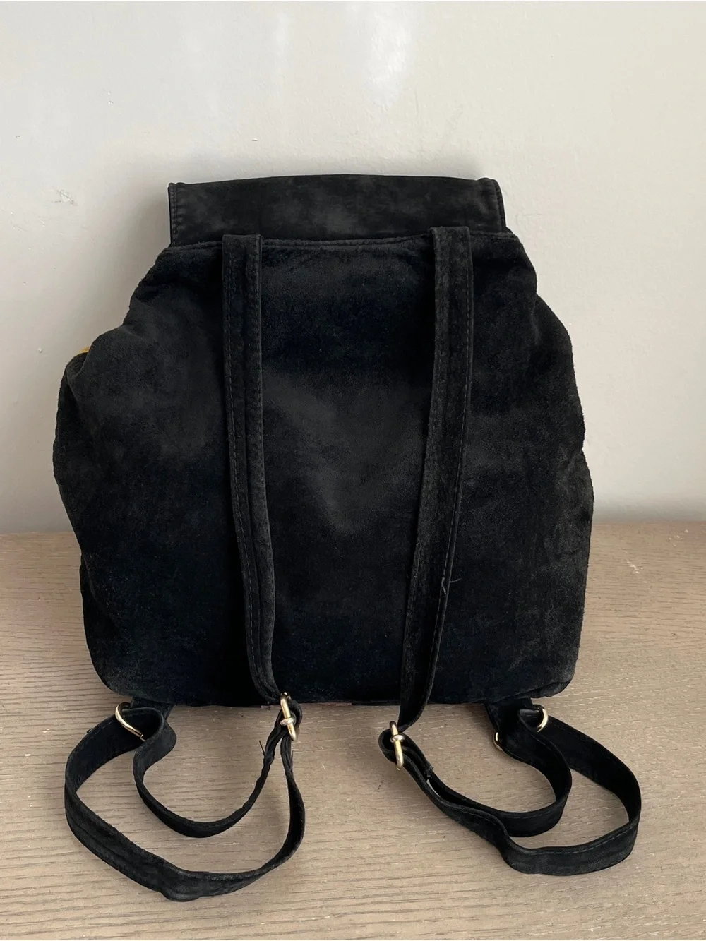 Vintage Barneys New York Made in Italy Suede Patchwork Drawstring Backpack Bag
